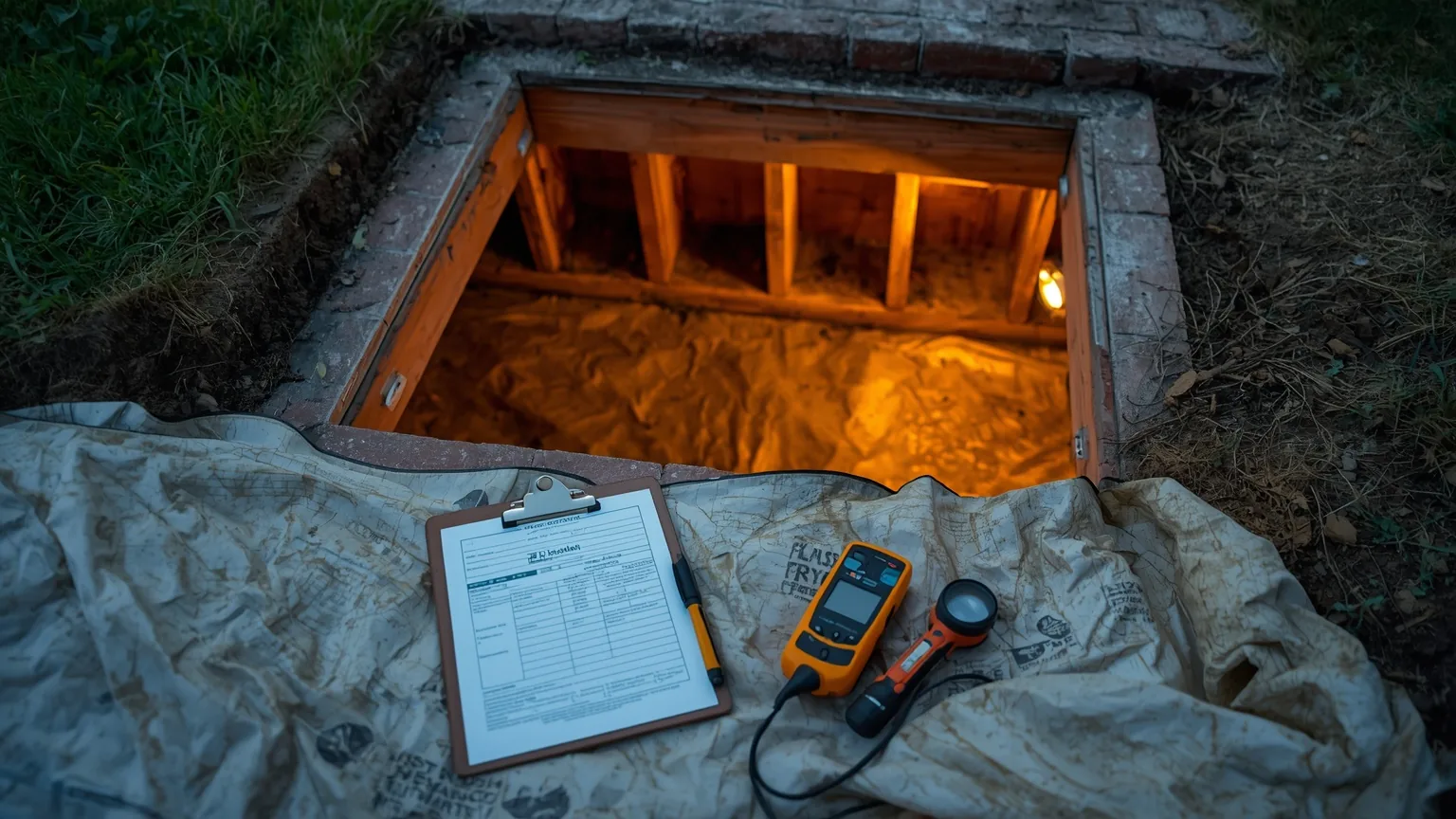 Inspection clipboard and moisture meter laid out beside an open crawl space access hatch