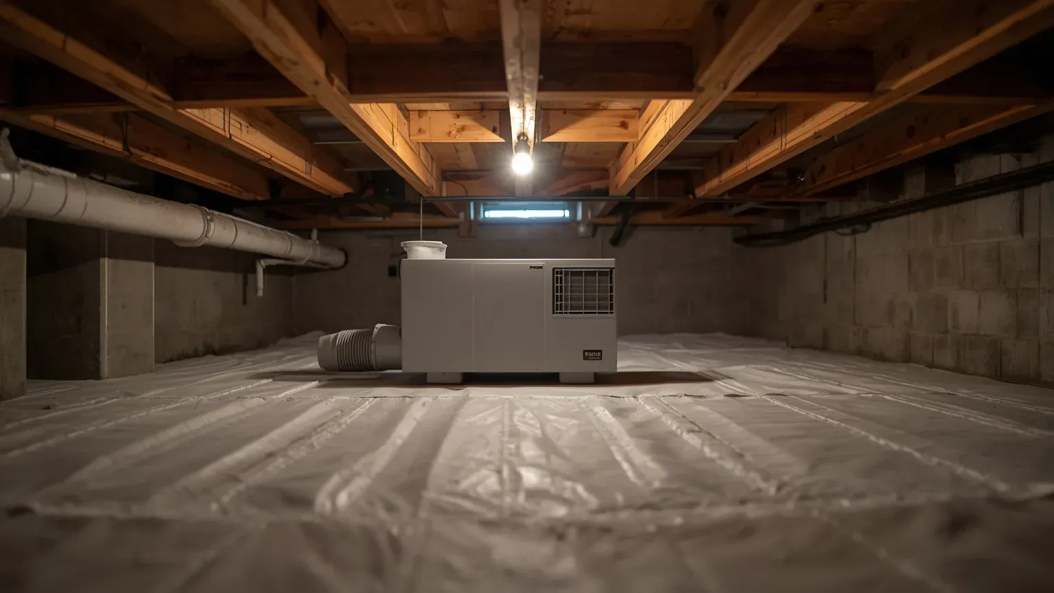 Low-profile crawl space dehumidifier installed on liner beneath floor joists