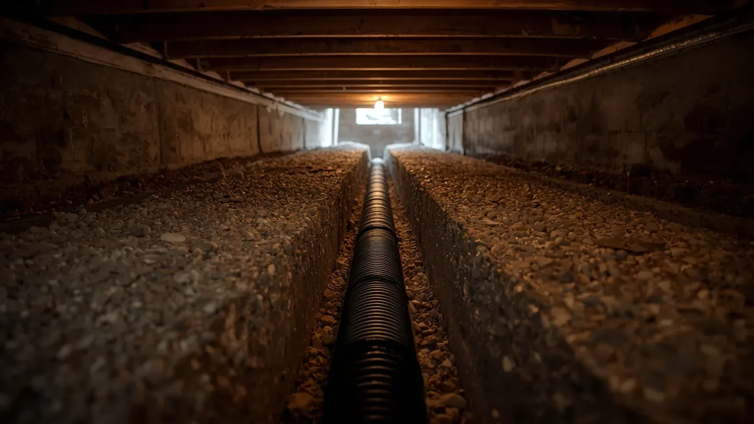 Perforated drainage pipe bedded in a gravel trench running through a crawl space