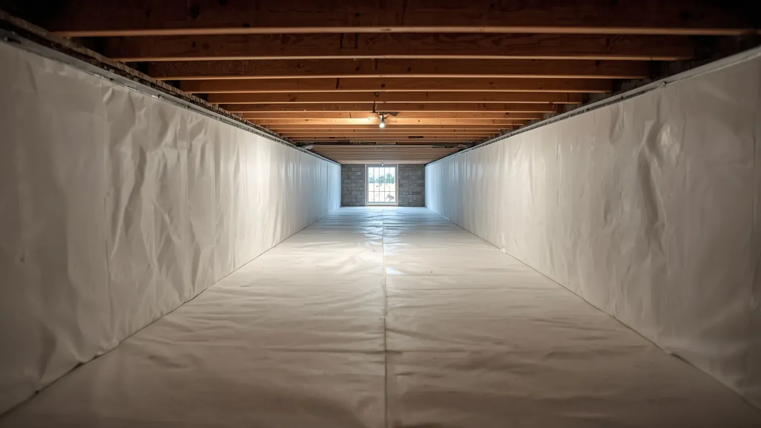 Fully encapsulated crawl space with white liner across the ground and up the foundation walls