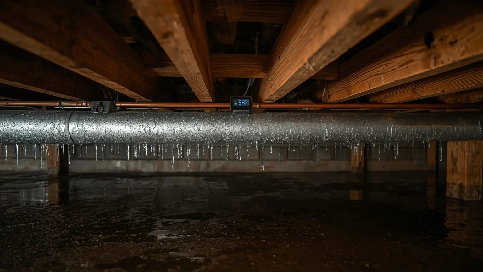 Condensation beading along a metal duct and pipe beneath crawl space floor joists