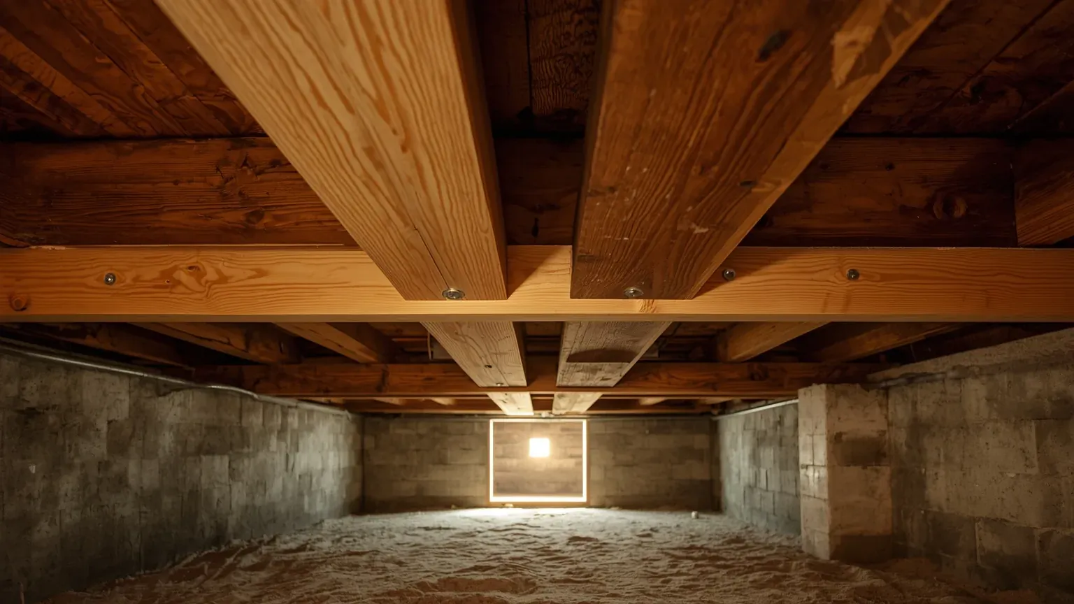 New structural framing and beams supporting the subfloor in a crawl space