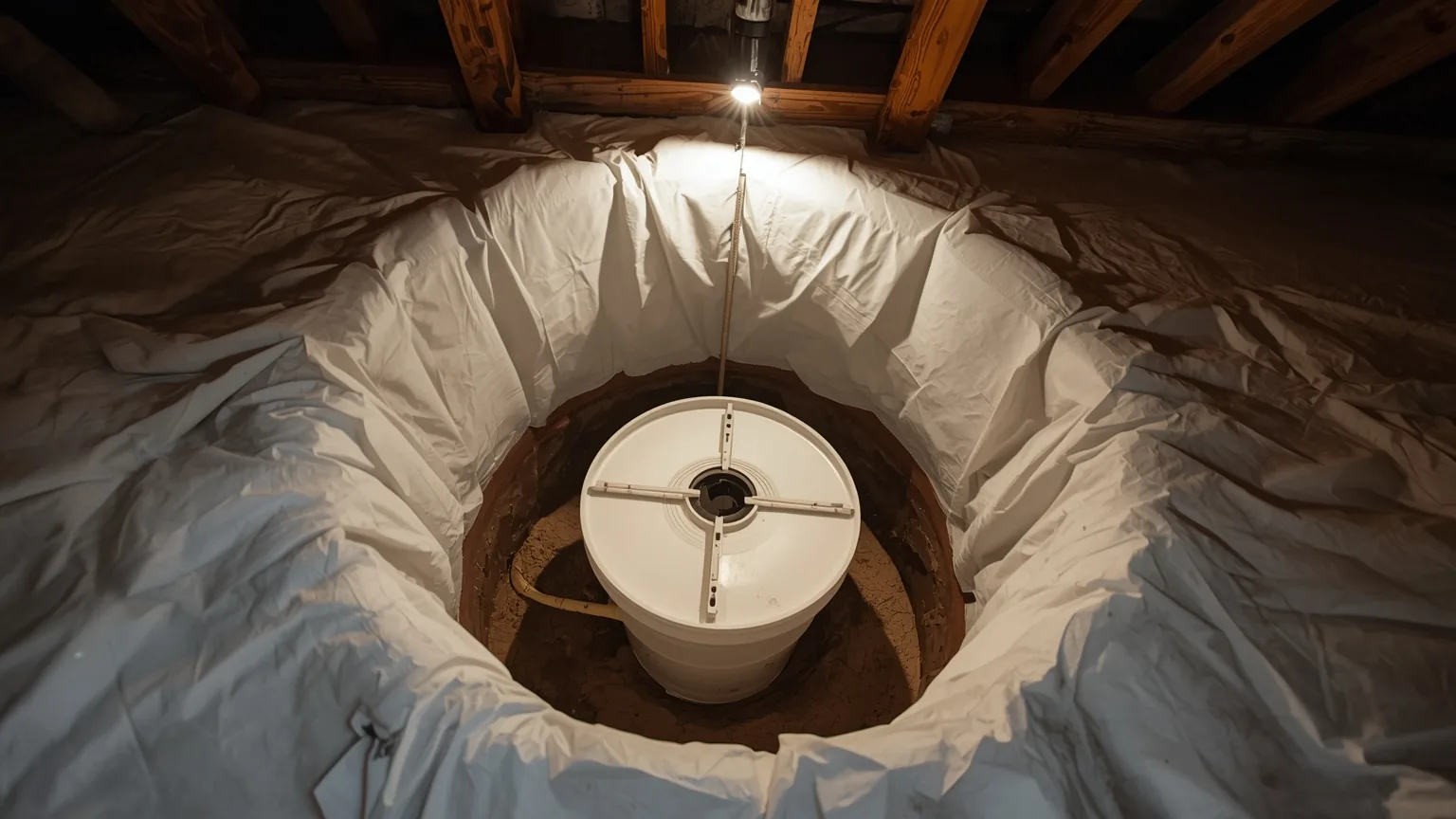 Sealed sump basin set into a crawl space floor with liner surrounding it