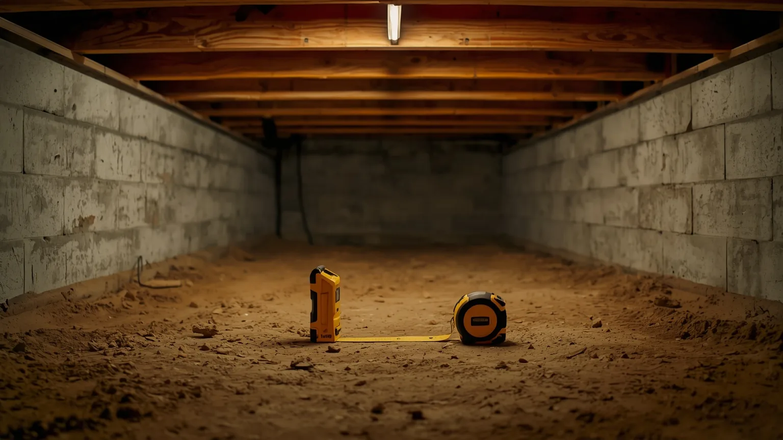 Laser distance measure and steel tape on the bare earth floor of a crawl space