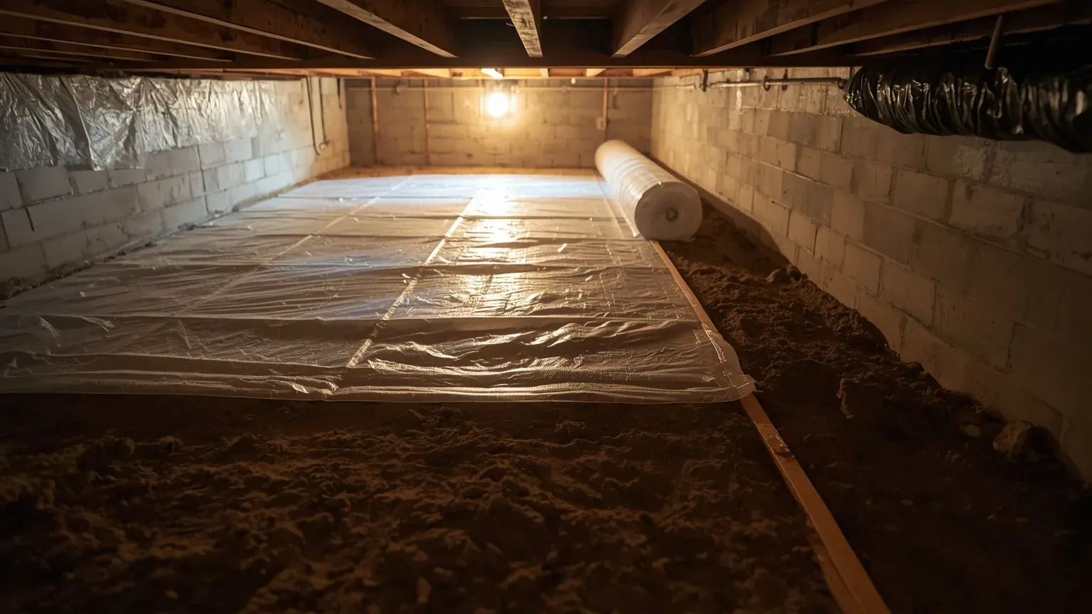 Polyethylene vapor barrier laid across the ground of a crawl space with a roll partly unrolled