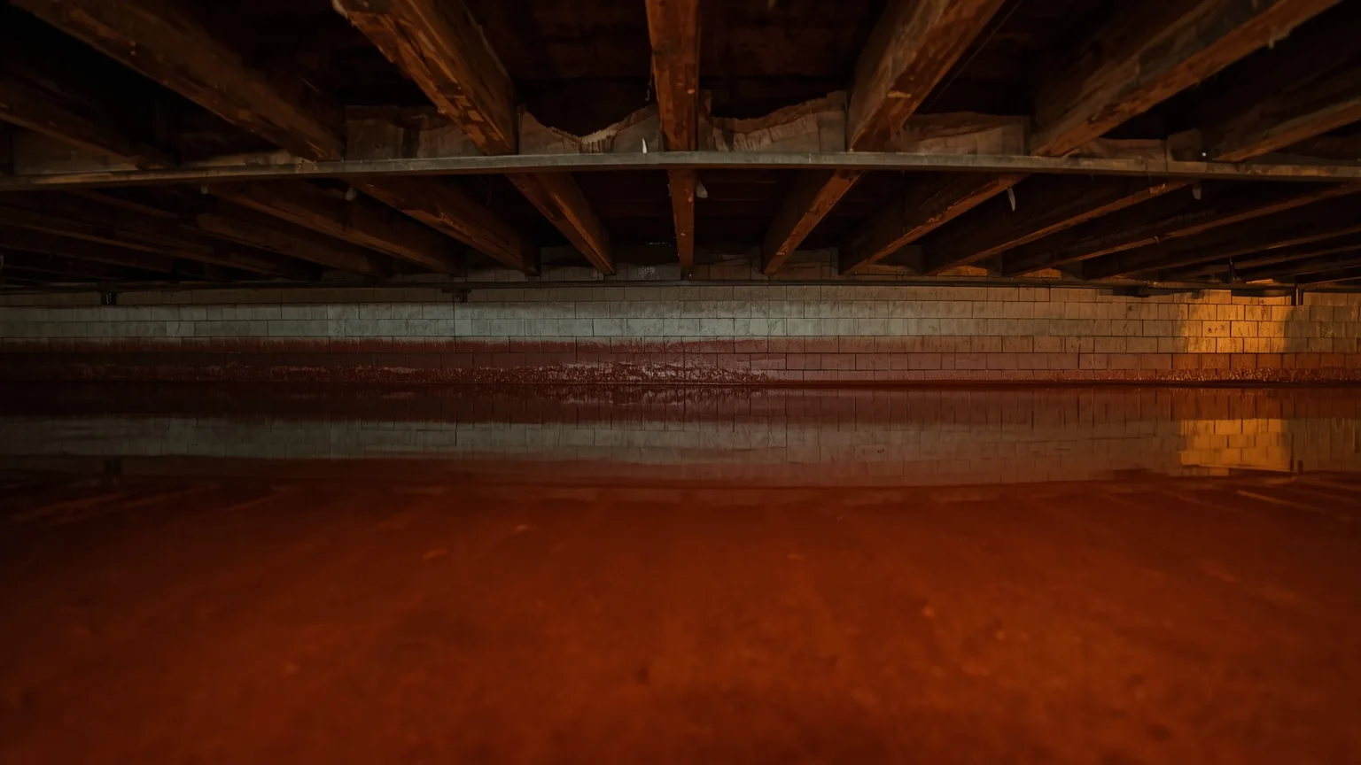 Standing water pooled across a crawl space floor beneath wooden joists